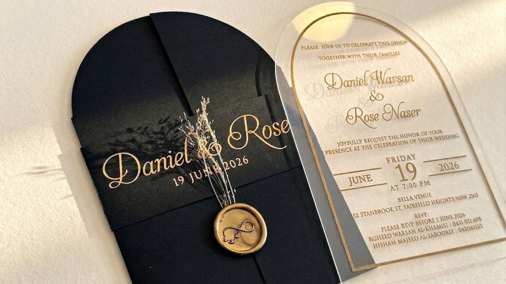 Clear Acrylic Wedding Invitation with Gold Foil & Flower - Black Envelope LunaInvites