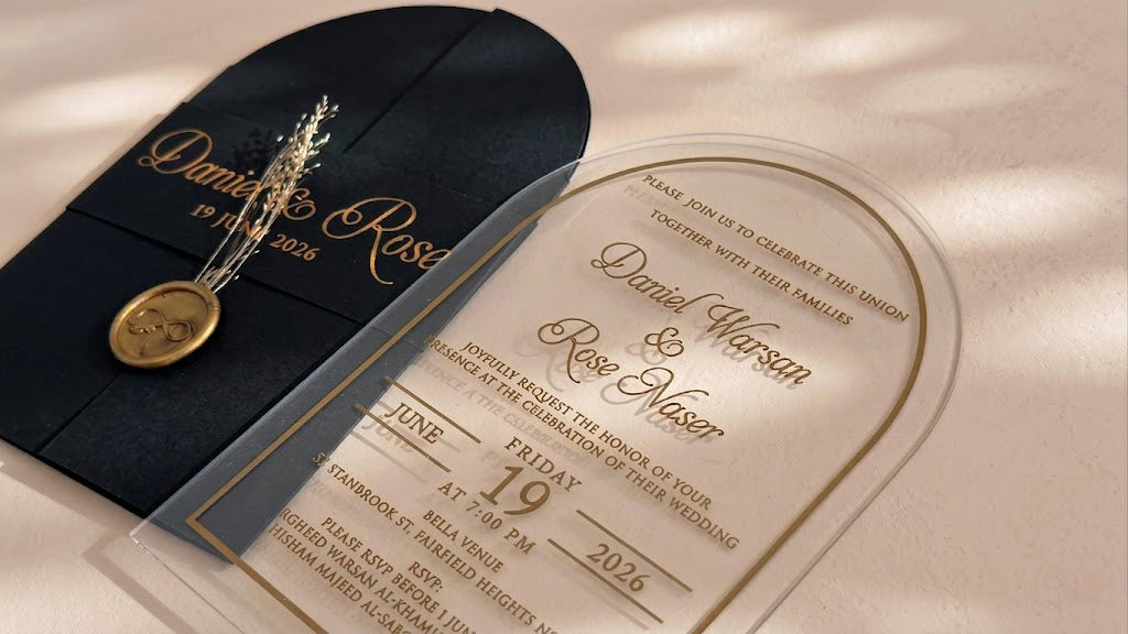 Clear Acrylic Wedding Invitation with Gold Foil & Flower - Black Envelope LunaInvites