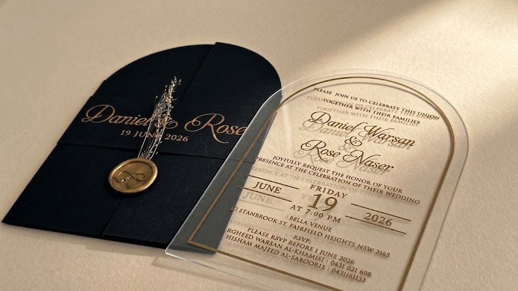 Clear Acrylic Wedding Invitation with Gold Foil & Flower - Black Envelope LunaInvites