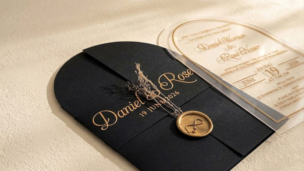 Clear Acrylic Wedding Invitation with Gold Foil & Flower - Black Envelope LunaInvites