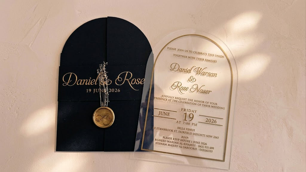 Clear Acrylic Wedding Invitation with Gold Foil & Flower - Black Envelope LunaInvites