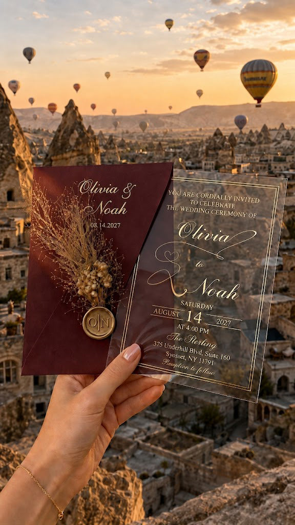 Clear Acrylic Wedding Invitations with Gold Print & White Envelope LunaInvites