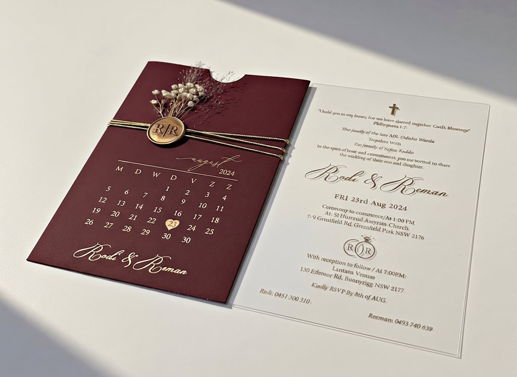 Burgundy Acrylic Wedding Invitation, Gold Foil Clear Card, Calendar Wedding Invite LunaInvites