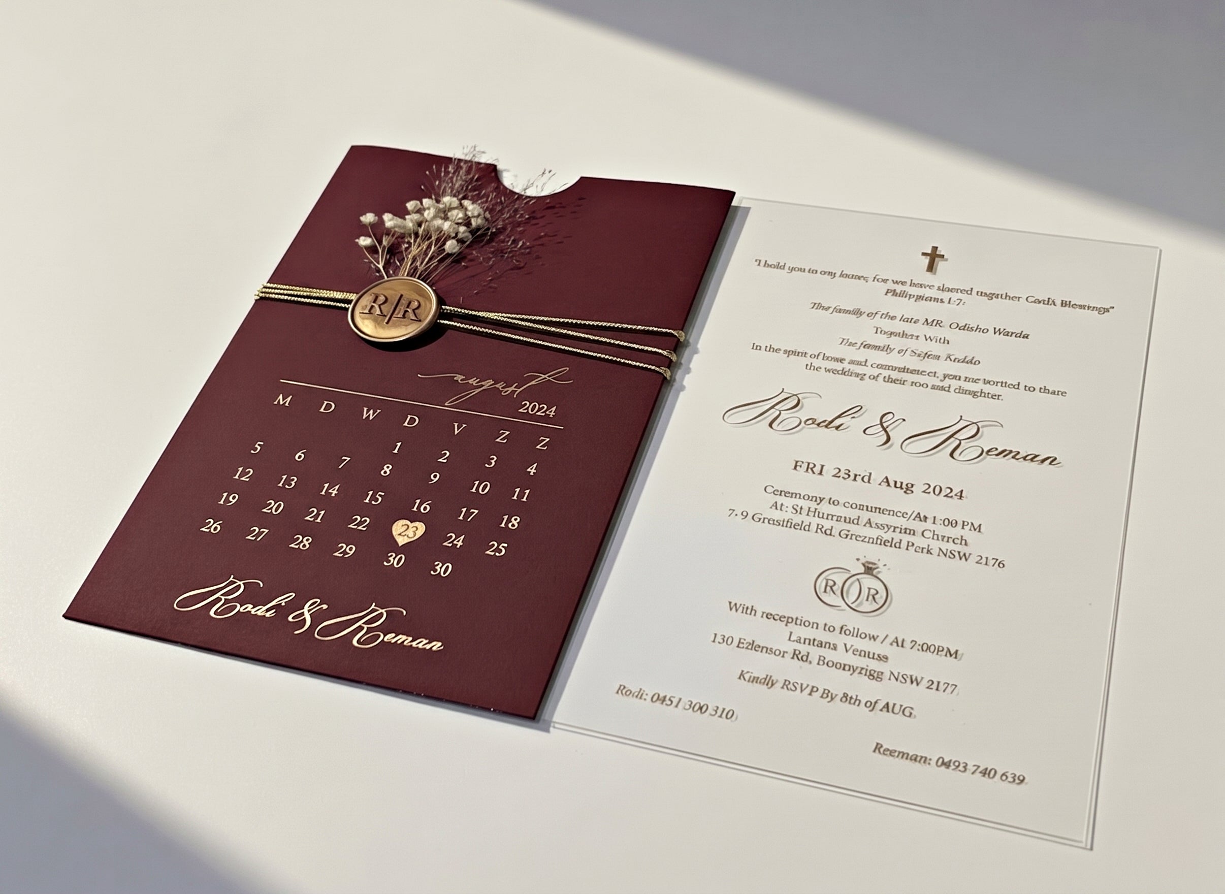 Burgundy Acrylic Wedding Invitation, Gold Foil Clear Card, Calendar Wedding Invite LunaInvites