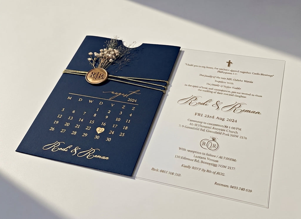 Navy Blue Acrylic Wedding Invitation, Gold Foil Clear Card, Calendar Wedding Invite LunaInvites