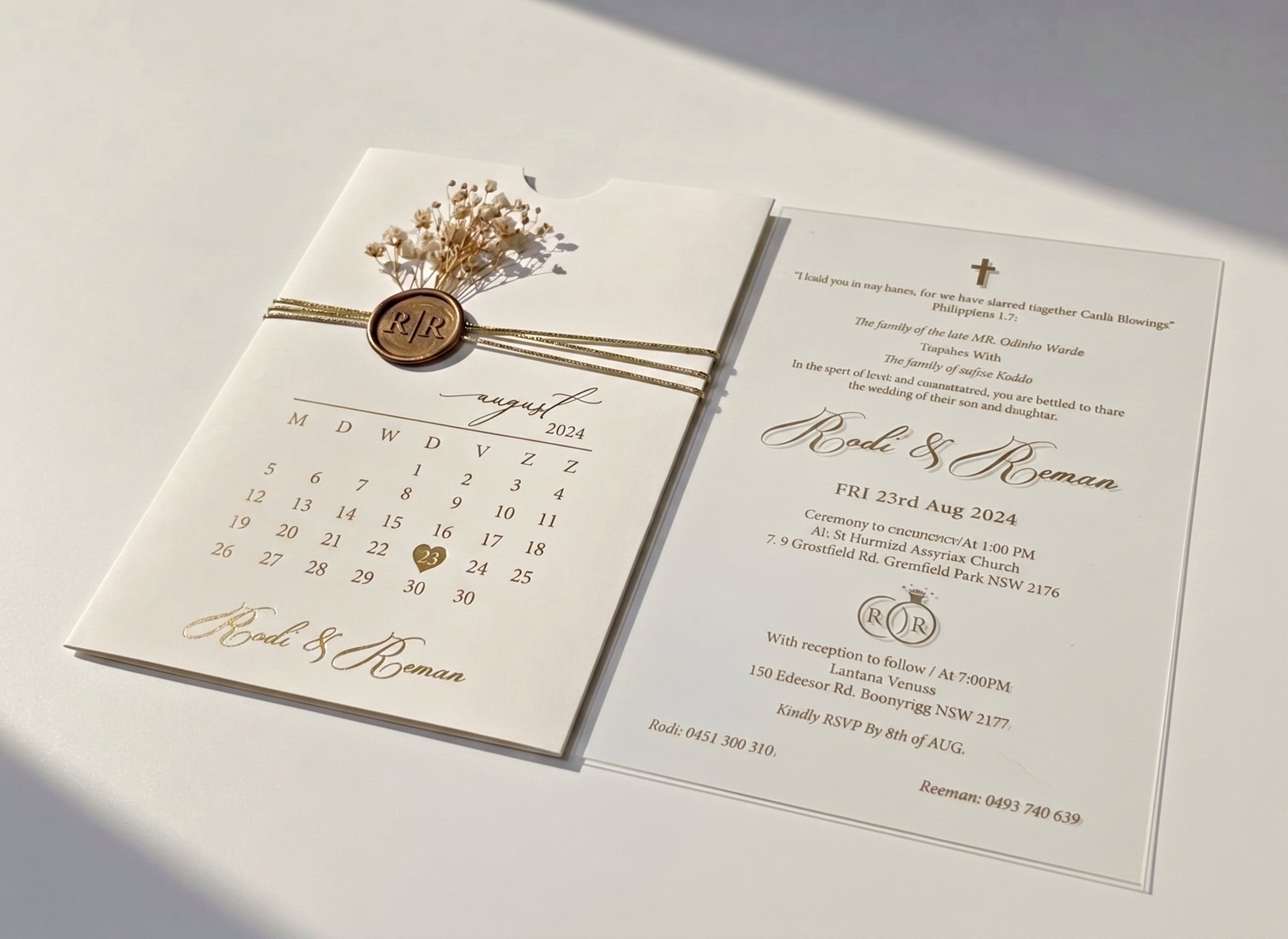 White Acrylic Wedding Invitation, Gold Foil Clear Card, Calendar Wedding Invite LunaInvites