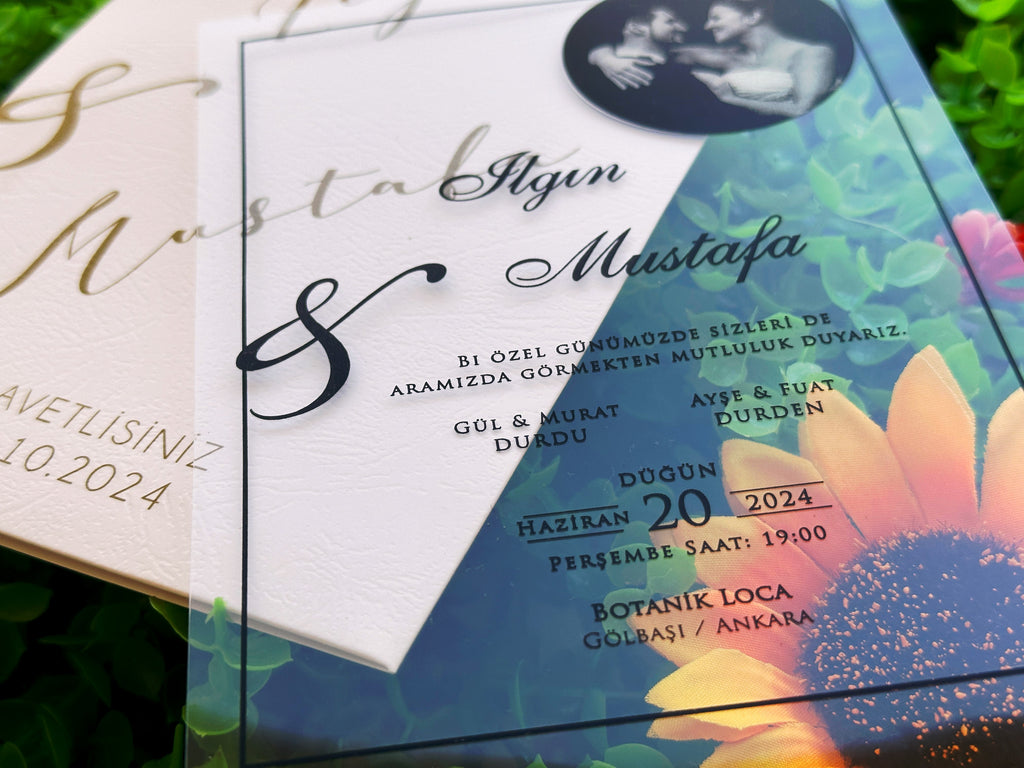 Photo Acrylic Wedding Invitation with Black Print, Custom Photo & White Envelope - LunaInvites