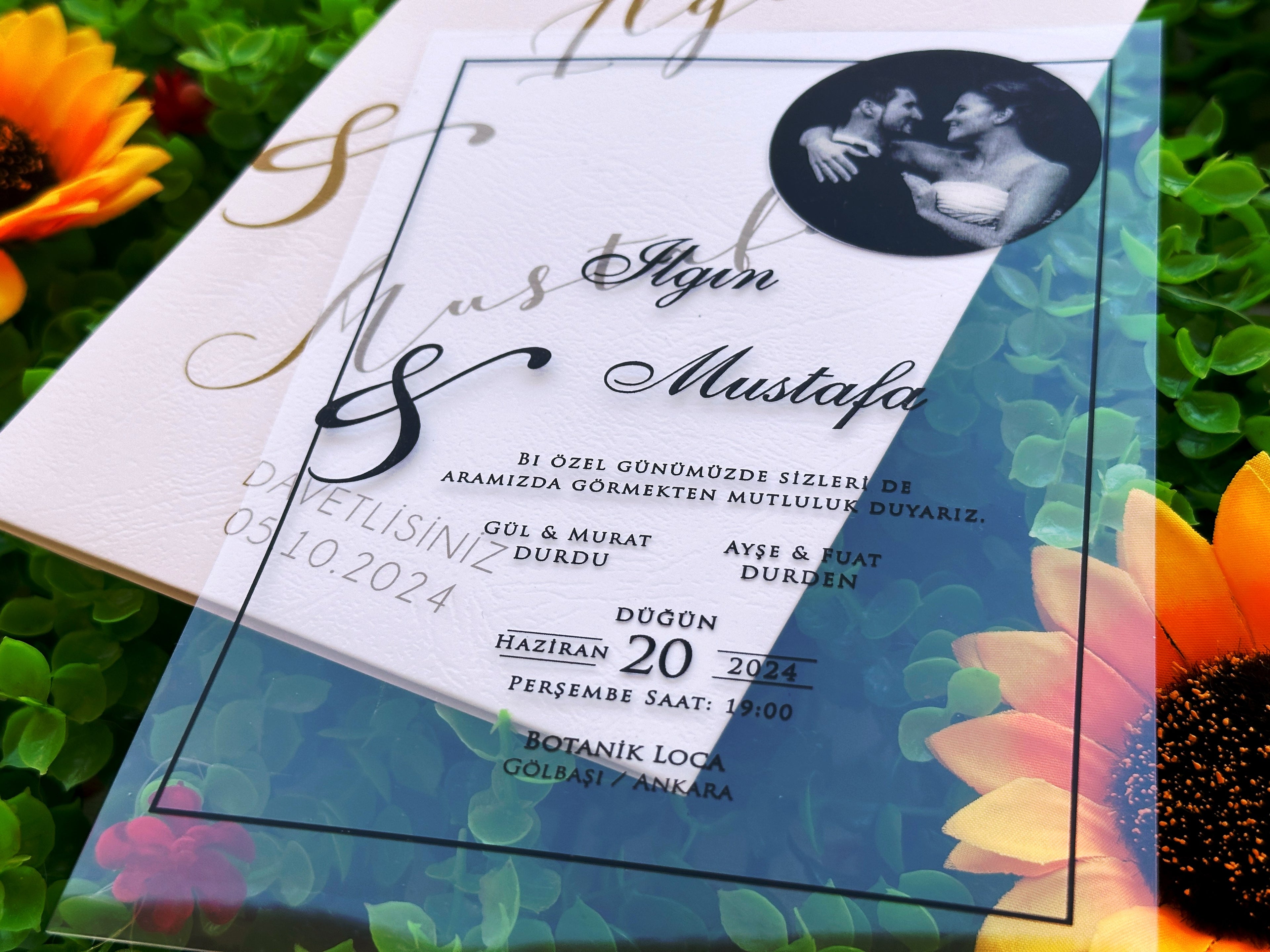 Photo Acrylic Wedding Invitation with Black Print, Custom Photo & White Envelope - LunaInvites