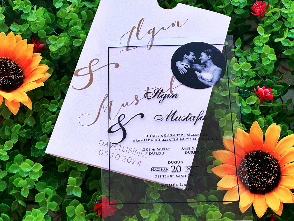 Photo Acrylic Wedding Invitation with Black Print, Custom Photo & White Envelope - LunaInvites