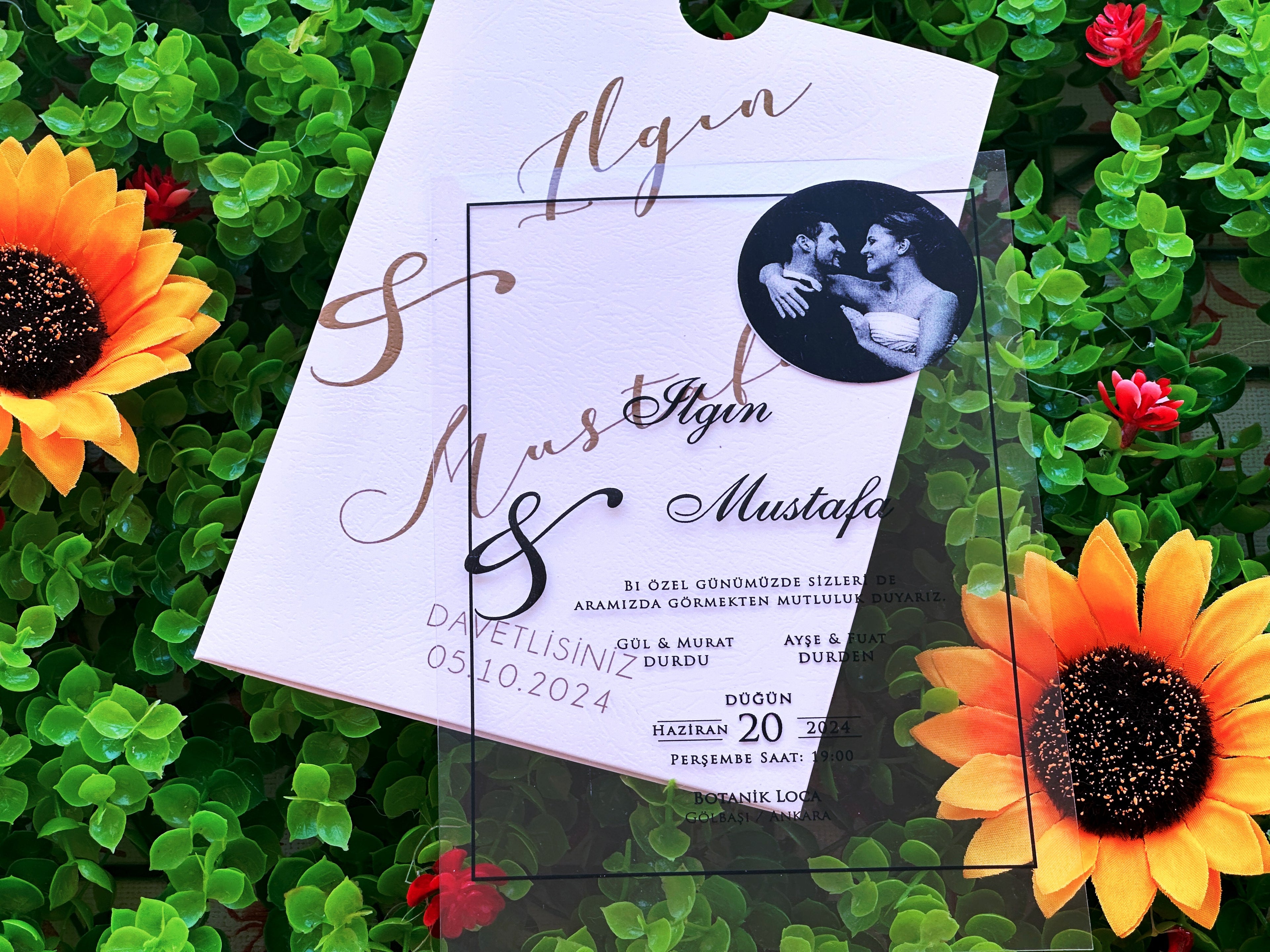 Photo Acrylic Wedding Invitation with Black Print, Custom Photo & White Envelope - LunaInvites
