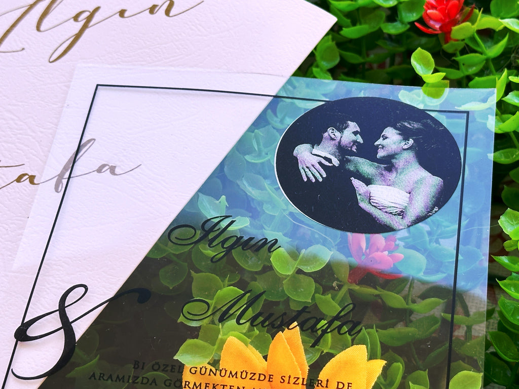 Photo Acrylic Wedding Invitation with Black Print, Custom Photo & White Envelope - LunaInvites