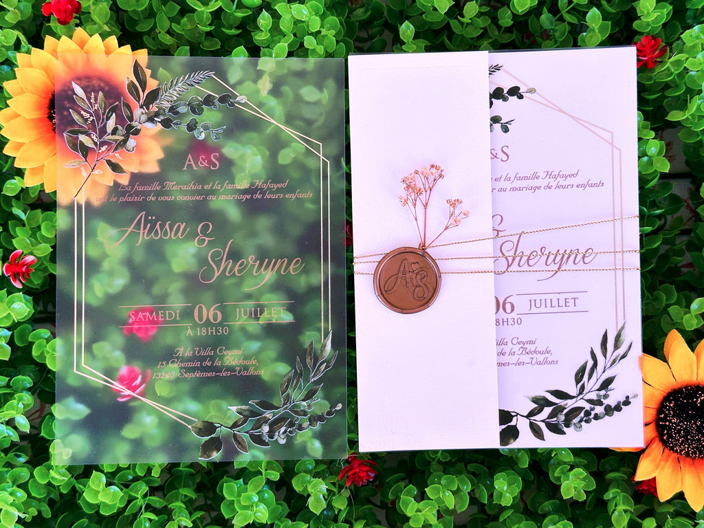 Frosted Acrylic Wedding Invitation with Gold Print, Green Botanical Design & White Envelope - LunaInvites