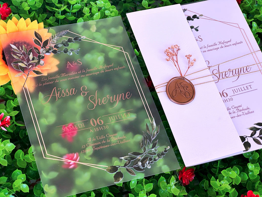 Frosted Acrylic Wedding Invitation with Gold Print, Green Botanical Design & White Envelope - LunaInvites