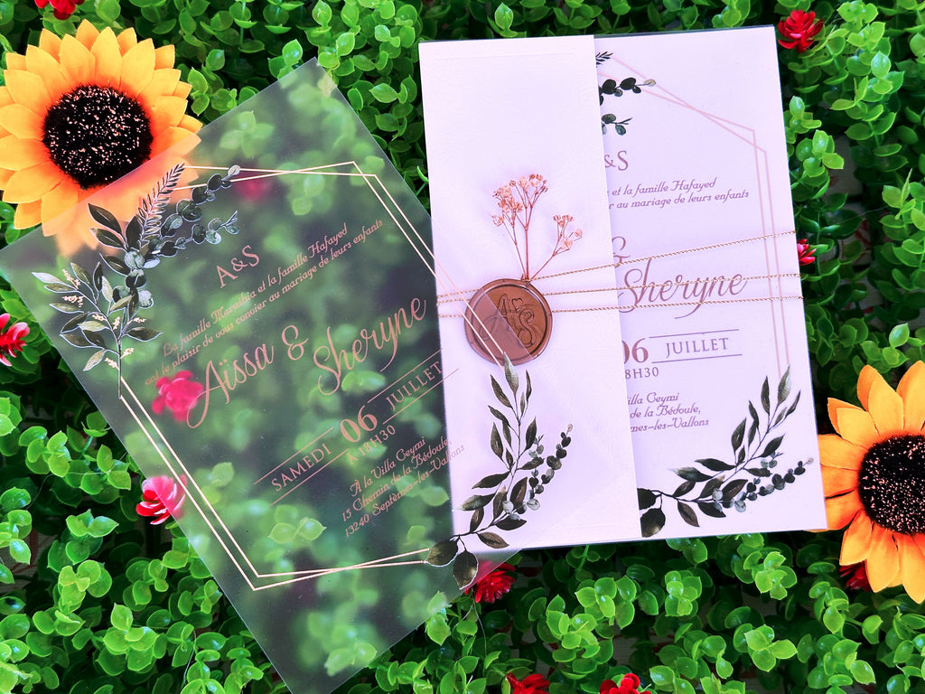 Frosted Acrylic Wedding Invitation with Gold Print, Green Botanical Design & White Envelope - LunaInvites