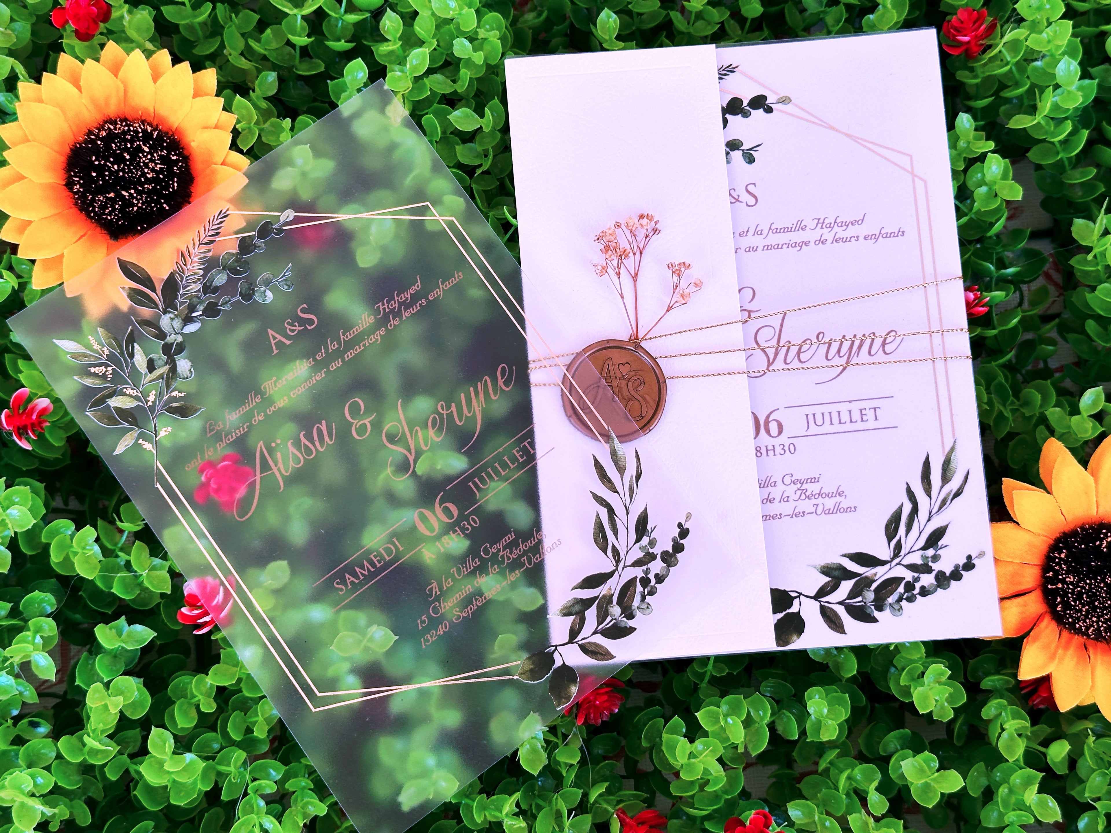 Frosted Acrylic Wedding Invitation with Gold Print, Green Botanical Design & White Envelope - LunaInvites