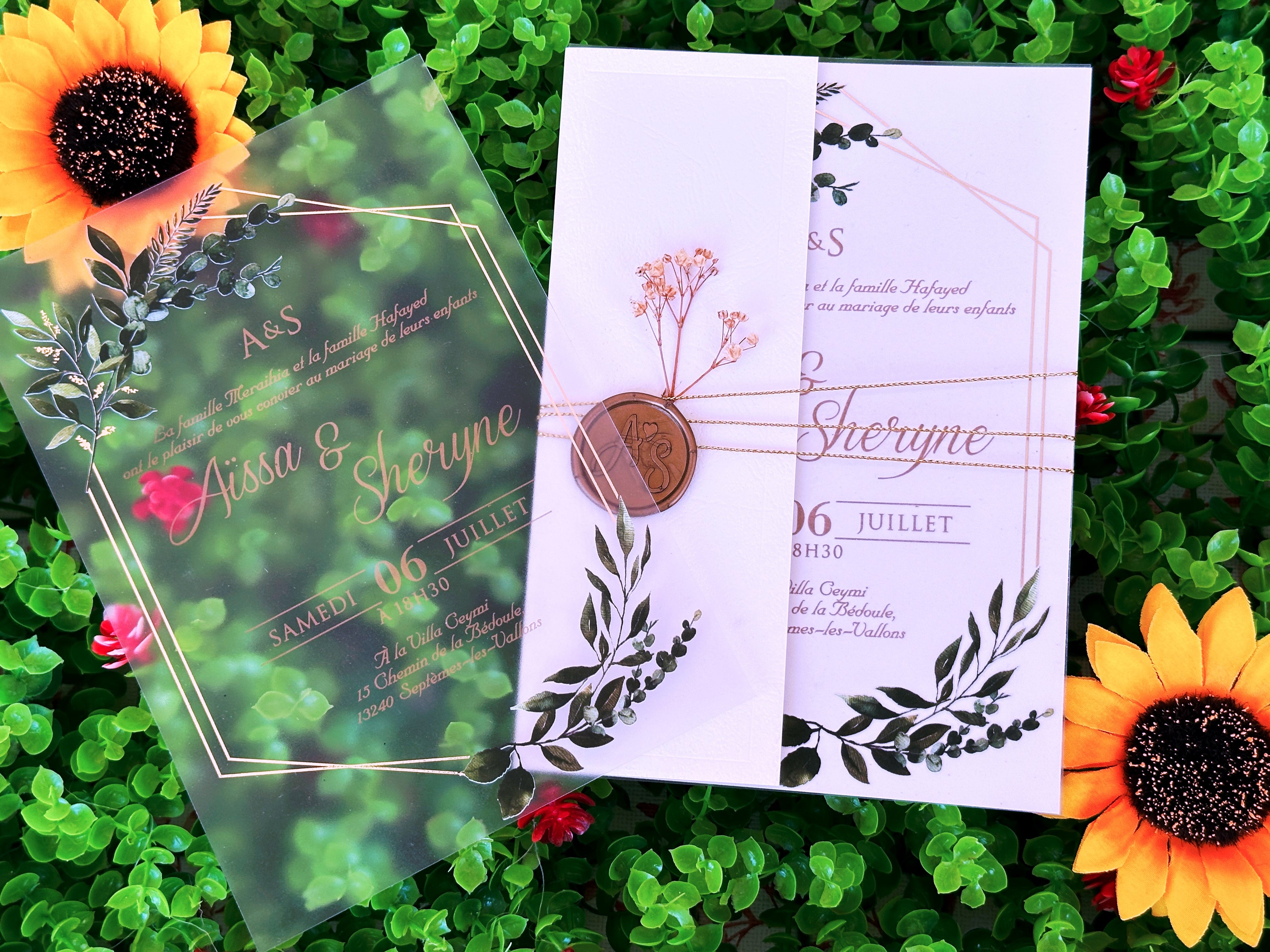 Frosted Acrylic Wedding Invitation with Gold Print, Green Botanical Design & White Envelope - LunaInvites