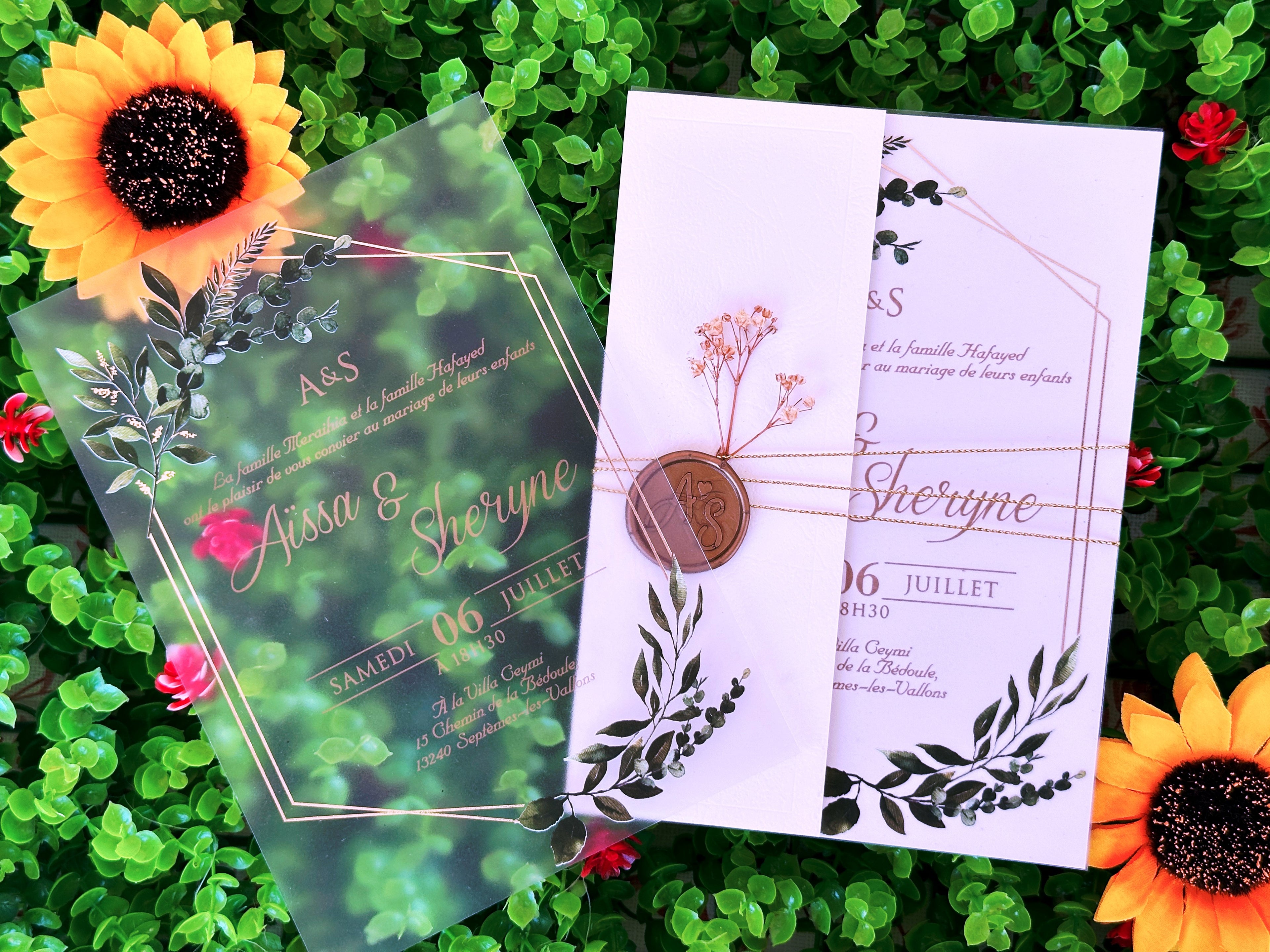 Frosted Acrylic Wedding Invitation with Gold Print, Green Botanical Design & White Envelope - LunaInvites