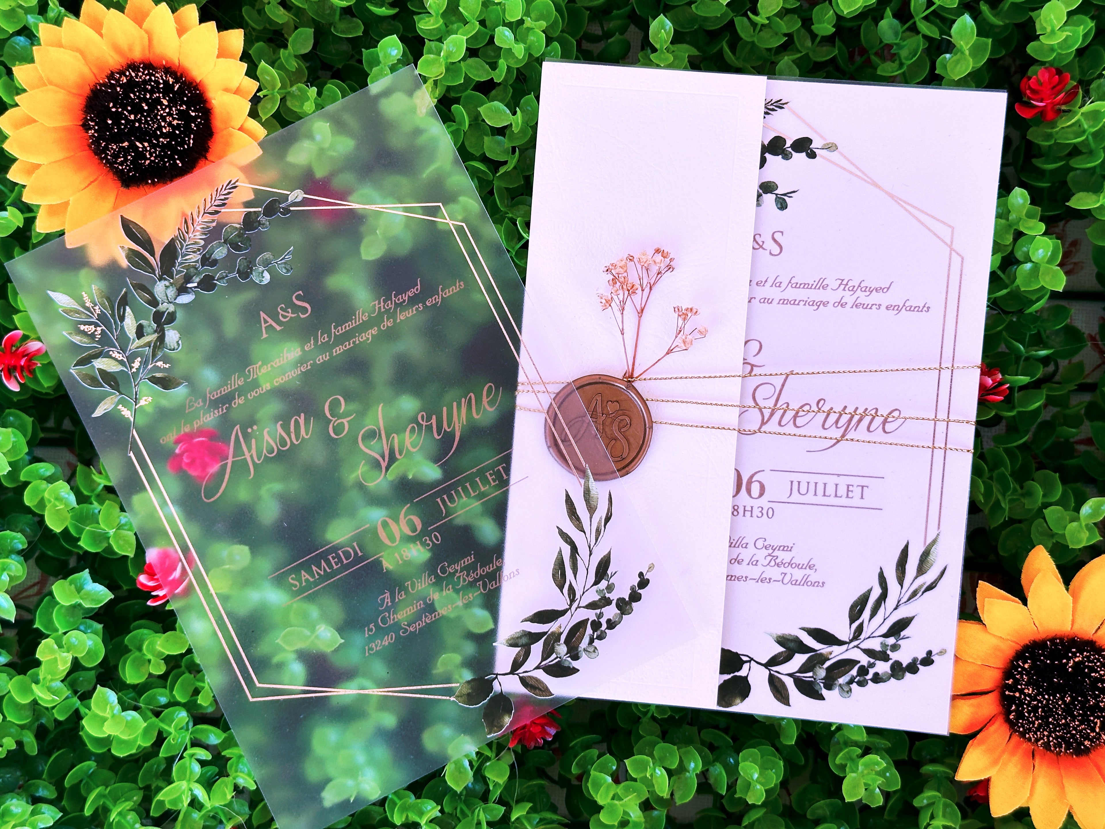 Frosted Acrylic Wedding Invitation with Gold Print, Green Botanical Design & White Envelope - LunaInvites