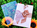 Acrylic Wedding Invitation with Gold Print, White Envelope, Large Satin Bow & Dried Flower - LunaInvites