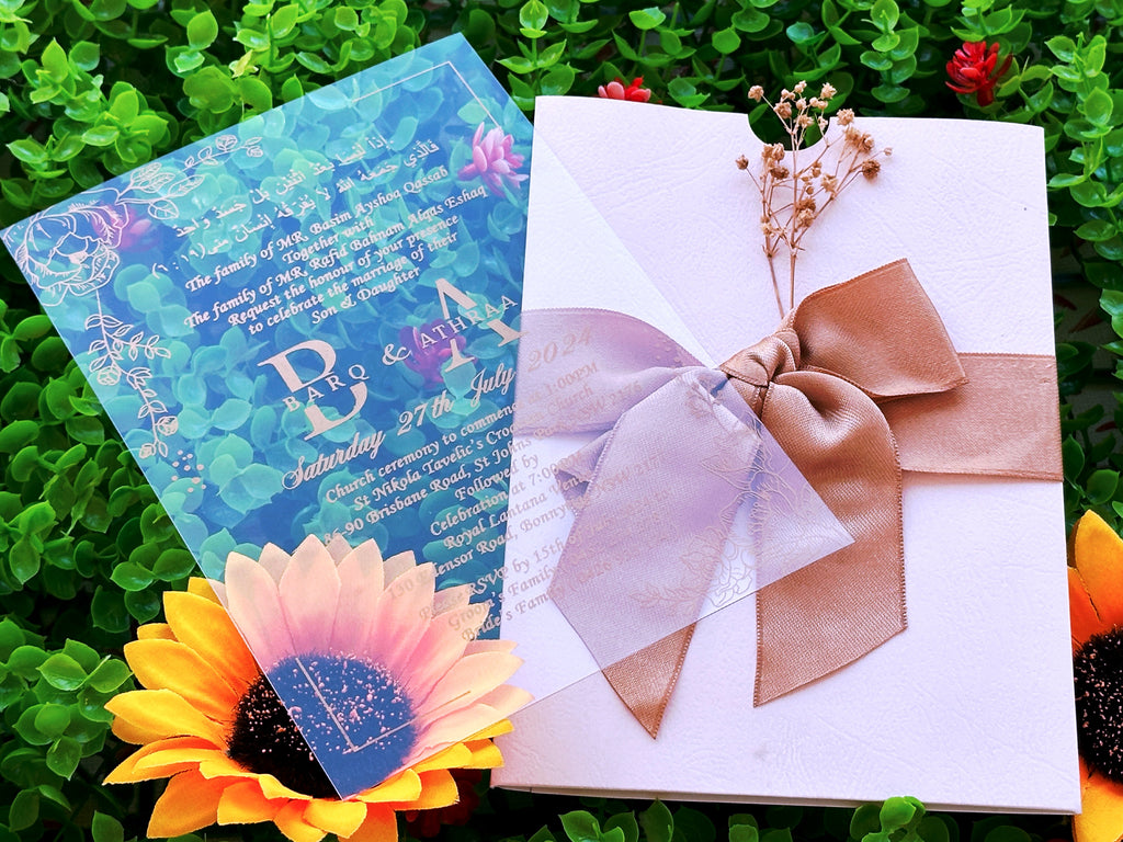 Acrylic Wedding Invitation with Gold Print, White Envelope, Large Satin Bow & Dried Flower - LunaInvites