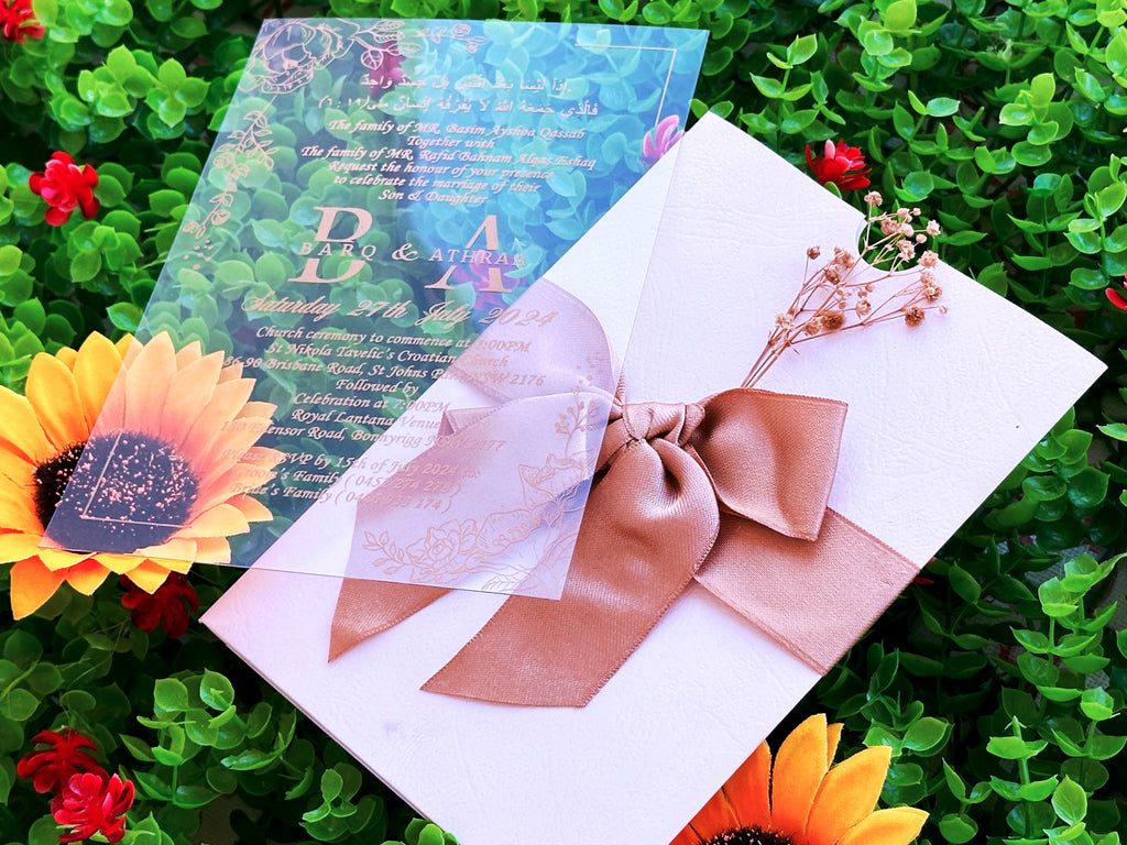 Acrylic Wedding Invitation with Gold Print, White Envelope, Large Satin Bow & Dried Flower - LunaInvites
