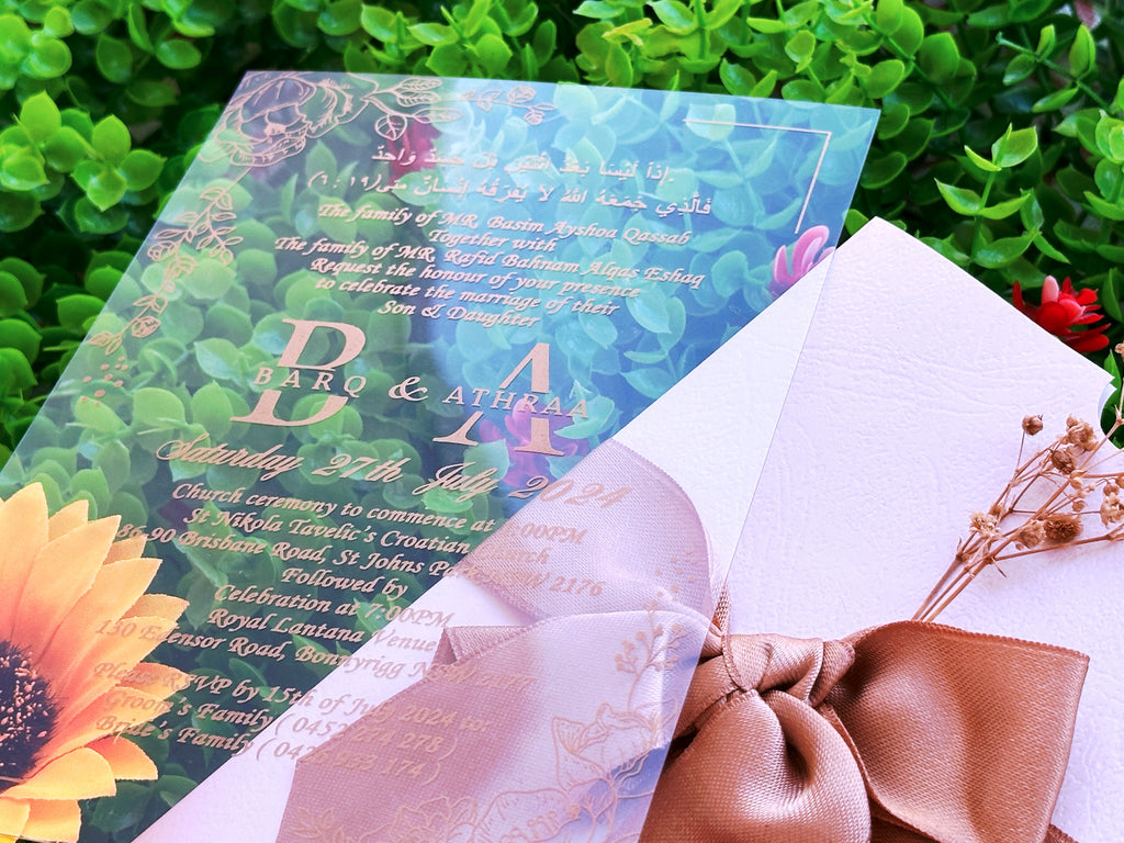Acrylic Wedding Invitation with Gold Print, White Envelope, Large Satin Bow & Dried Flower - LunaInvites