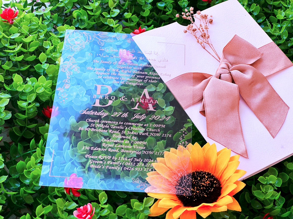 Acrylic Wedding Invitation with Gold Print, White Envelope, Large Satin Bow & Dried Flower - LunaInvites