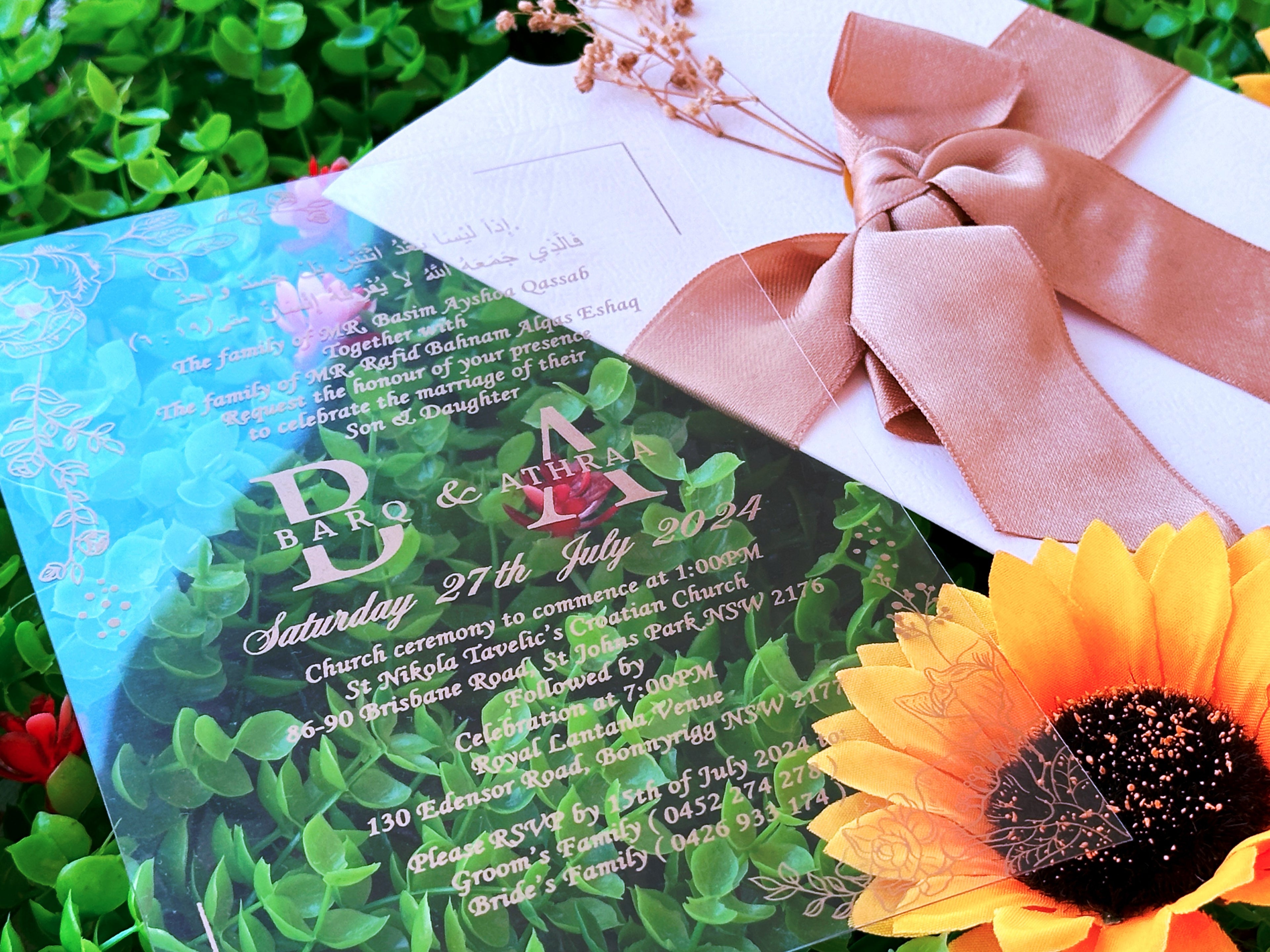 Acrylic Wedding Invitation with Gold Print, White Envelope, Large Satin Bow & Dried Flower - LunaInvites