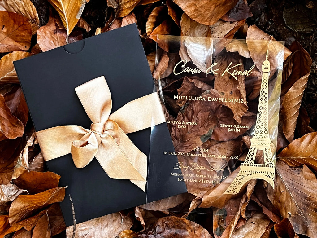 Clear Acrylic Wedding Invitation with Gold Foil & Black Envelope LunaInvites