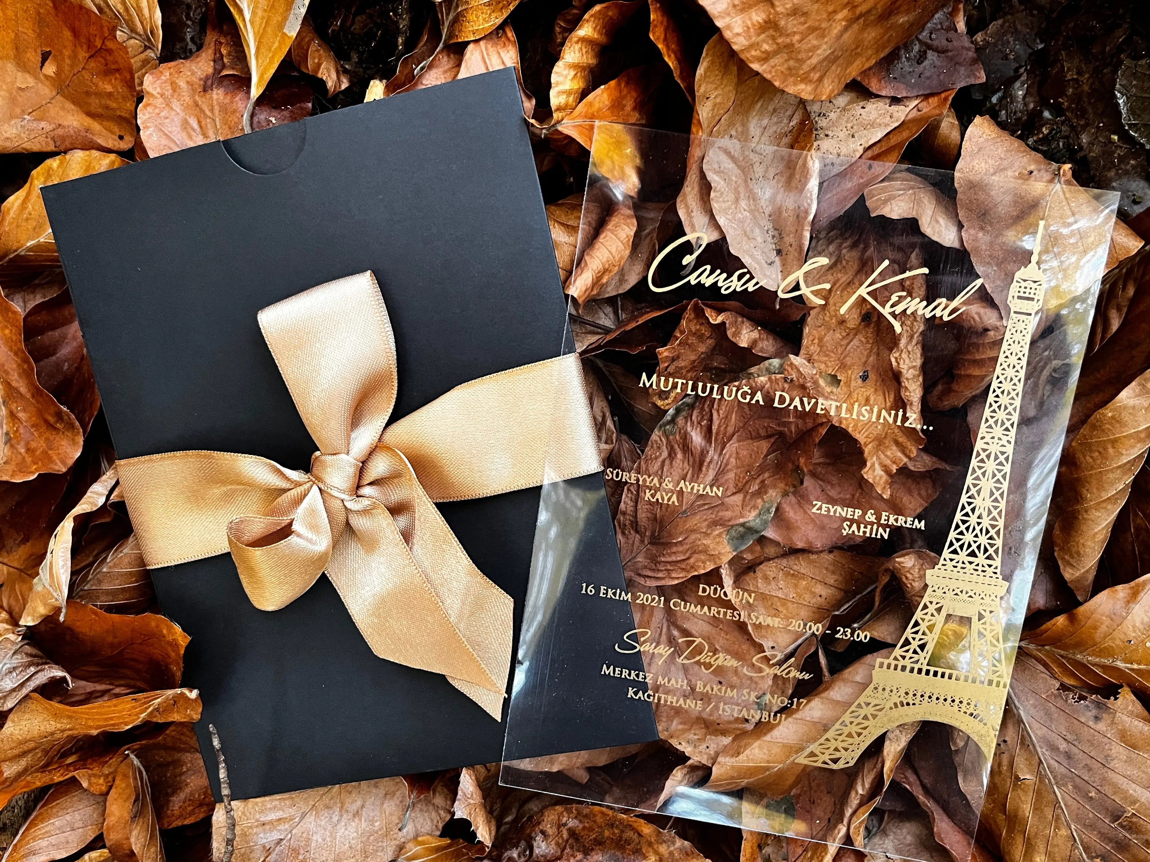 Clear Acrylic Wedding Invitation with Gold Foil & Black Envelope LunaInvites