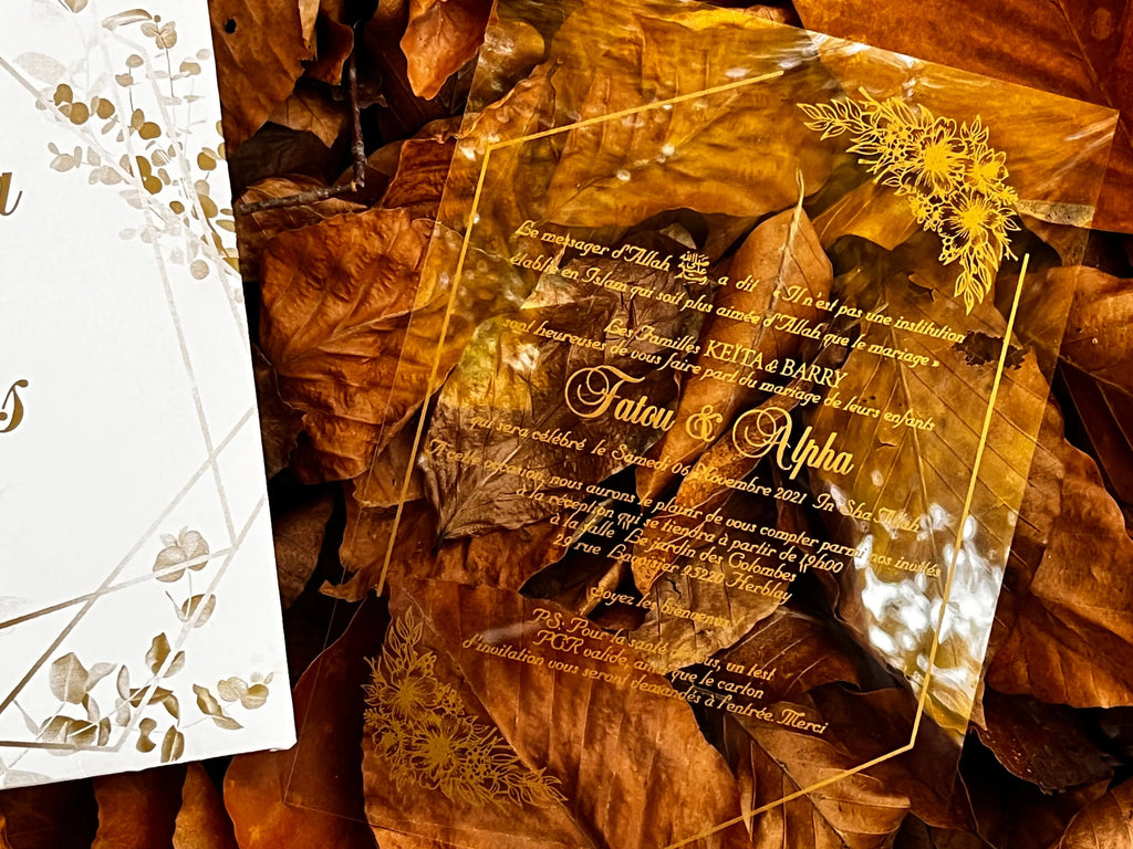 Clear Acrylic Wedding Invitation with White Botanical Envelope LunaInvites