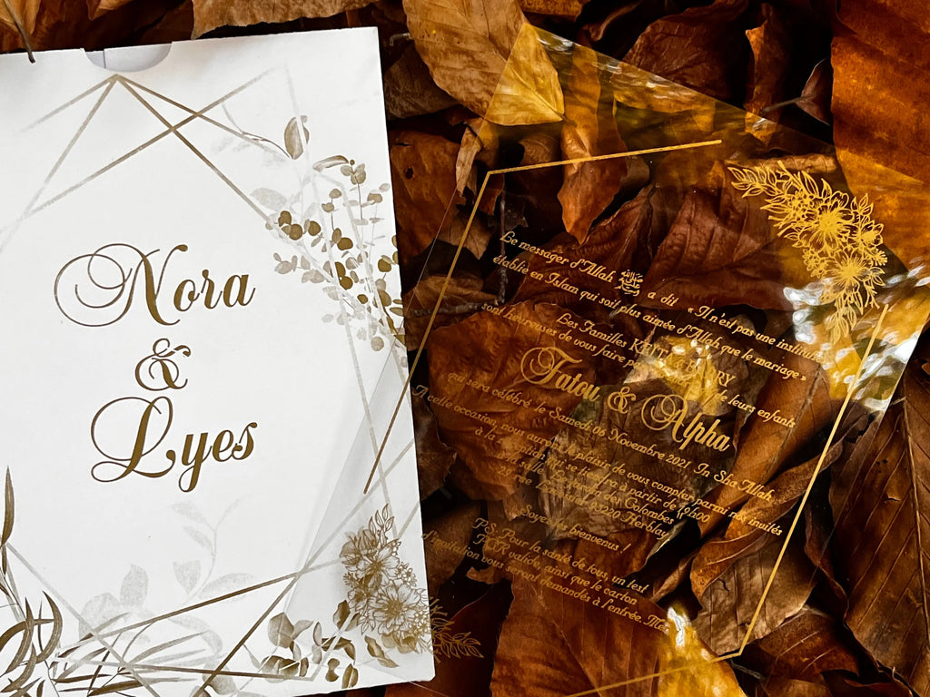 Clear Acrylic Wedding Invitation with White Botanical Envelope LunaInvites