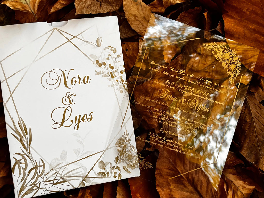 Clear Acrylic Wedding Invitation with White Botanical Envelope LunaInvites