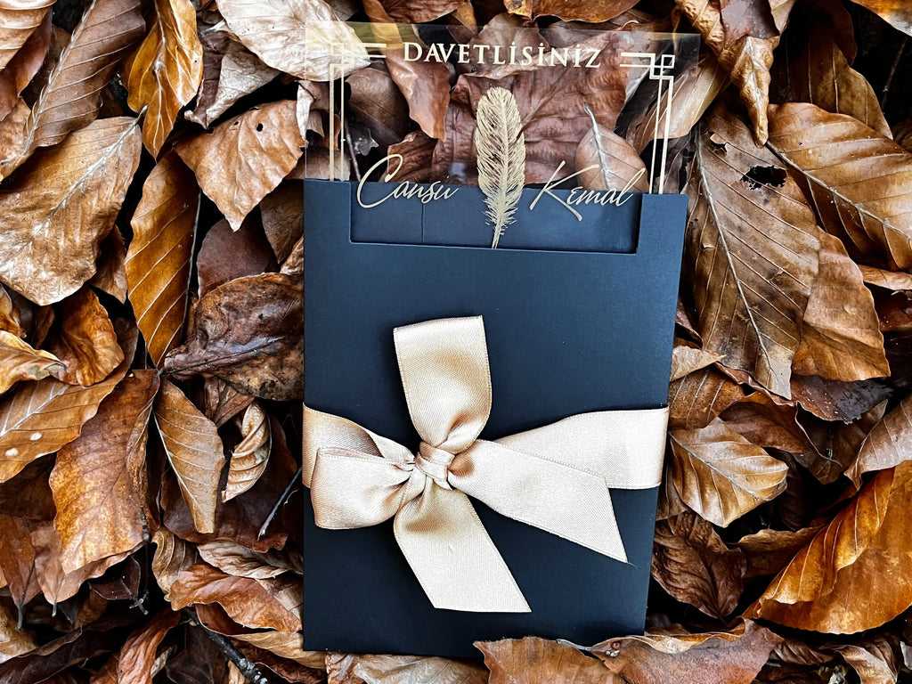 Clear Acrylic Wedding Invitation with Black Window Envelope & Gold Ribbon LunaInvites