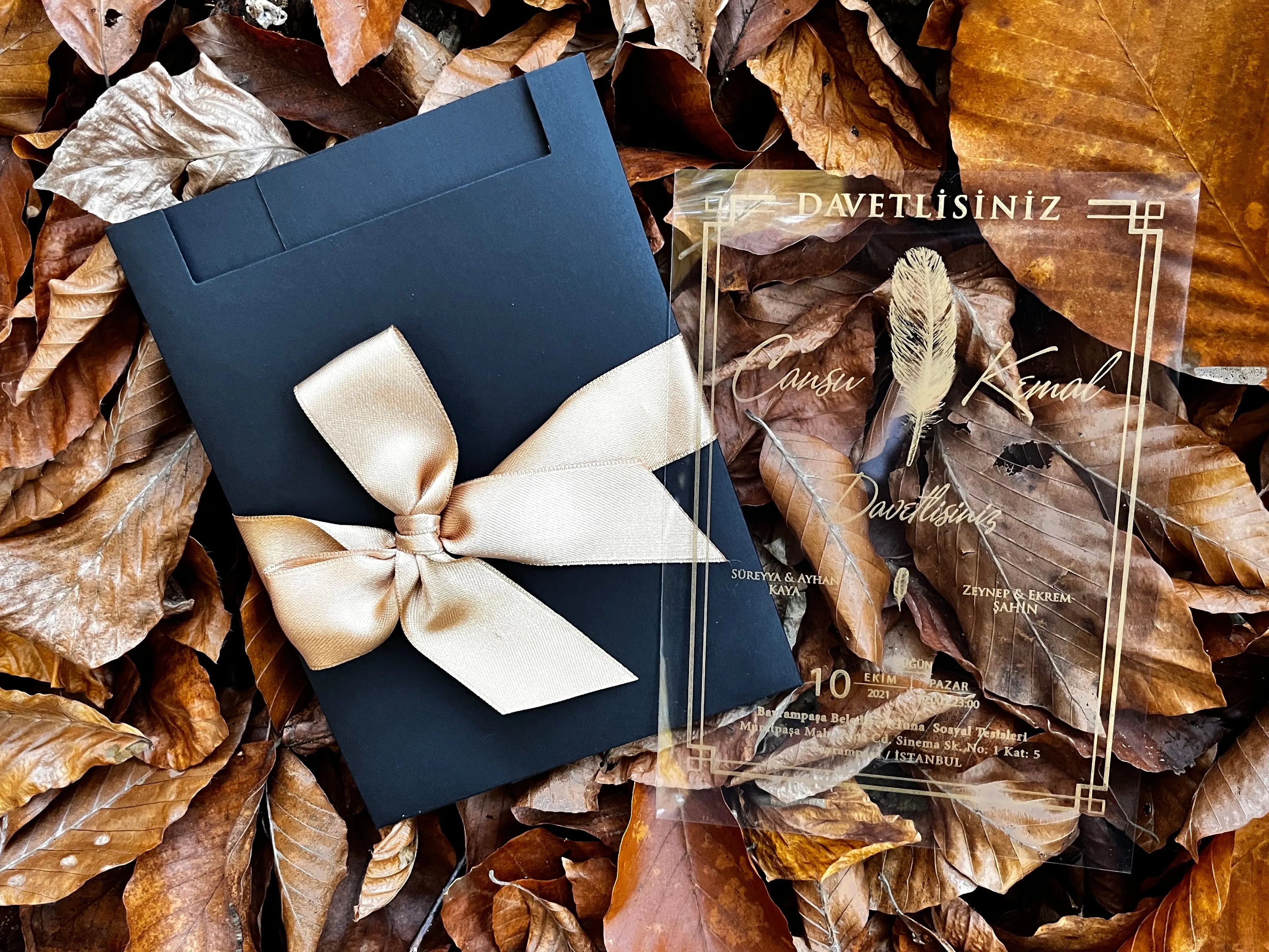 Clear Acrylic Wedding Invitation with Black Window Envelope & Gold Ribbon LunaInvites