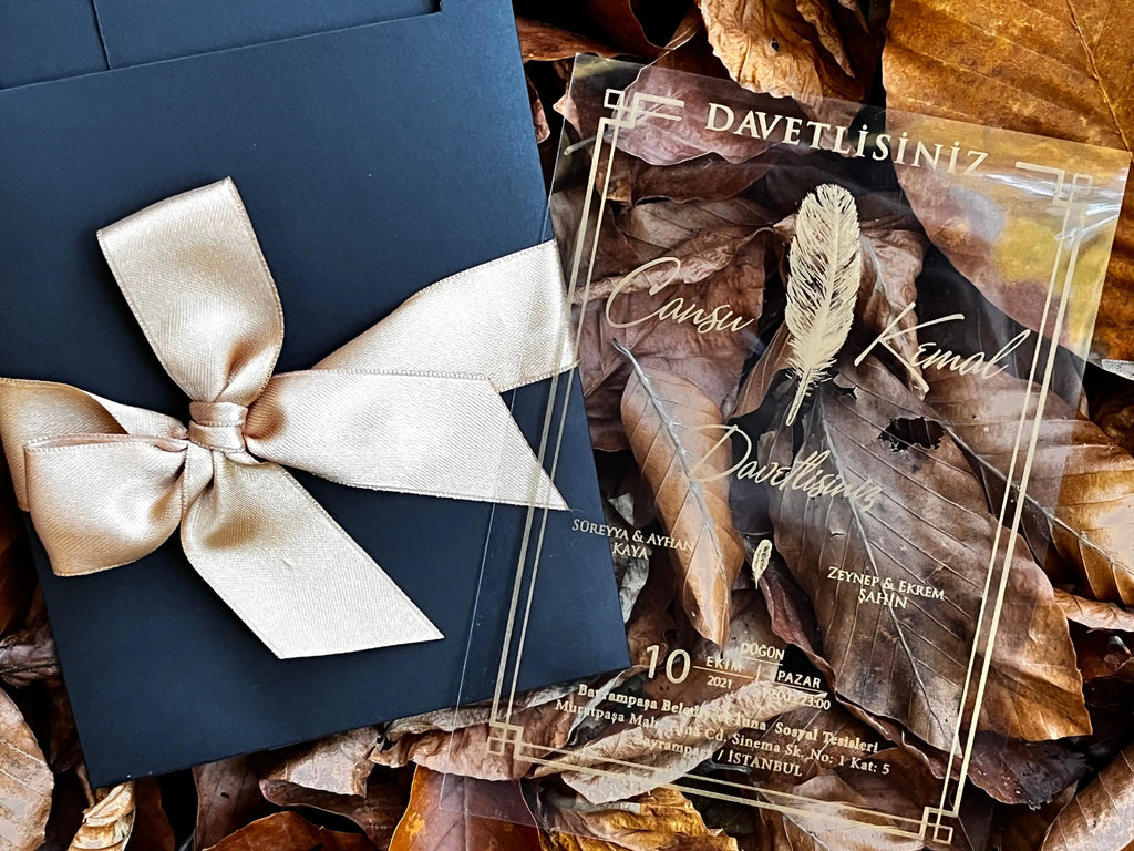 Clear Acrylic Wedding Invitation with Black Window Envelope & Gold Ribbon LunaInvites