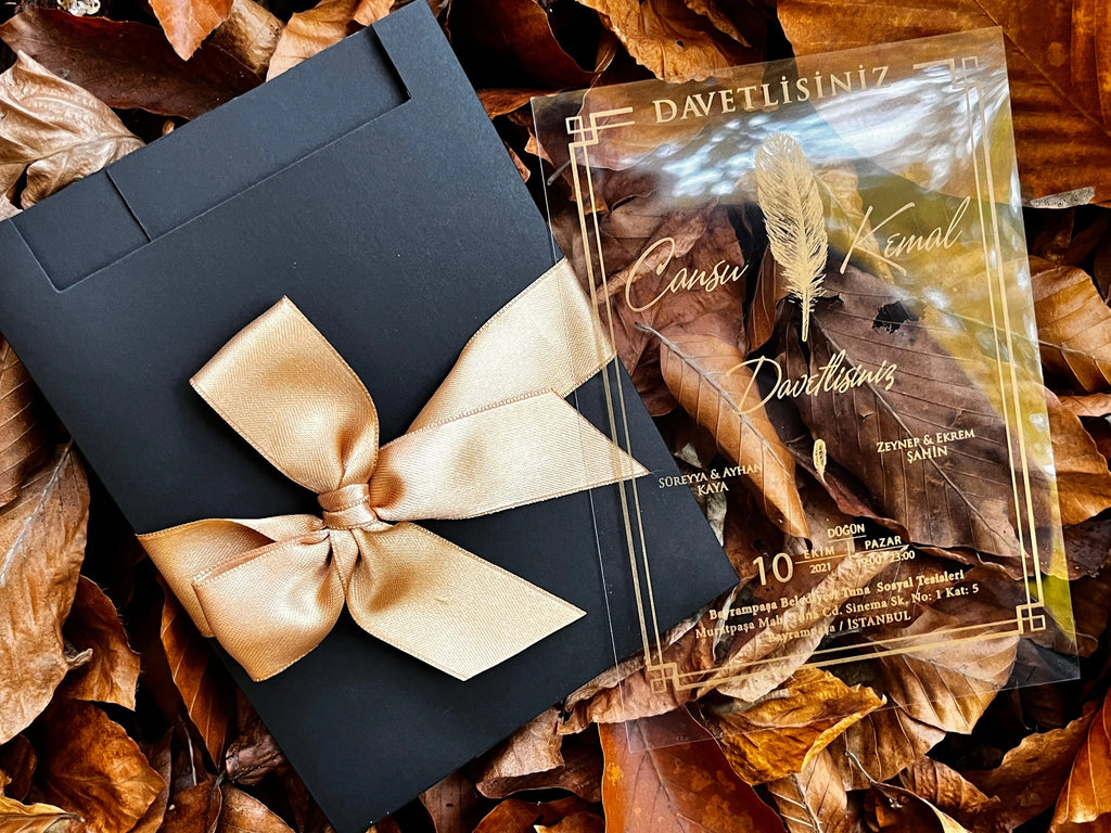 Clear Acrylic Wedding Invitation with Black Window Envelope & Gold Ribbon LunaInvites