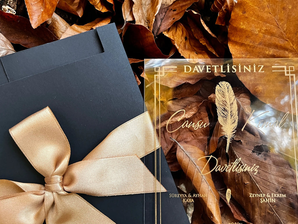 Clear Acrylic Wedding Invitation with Black Window Envelope & Gold Ribbon LunaInvites