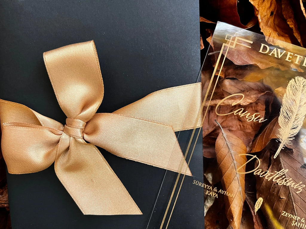 Clear Acrylic Wedding Invitation with Black Window Envelope & Gold Ribbon LunaInvites