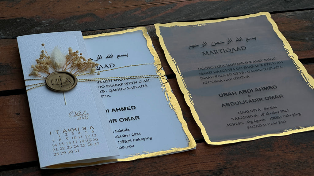 Frosted Acrylic Wedding Invitation with Black Print, Gold Edges & White Envelope Cover - LunaInvites