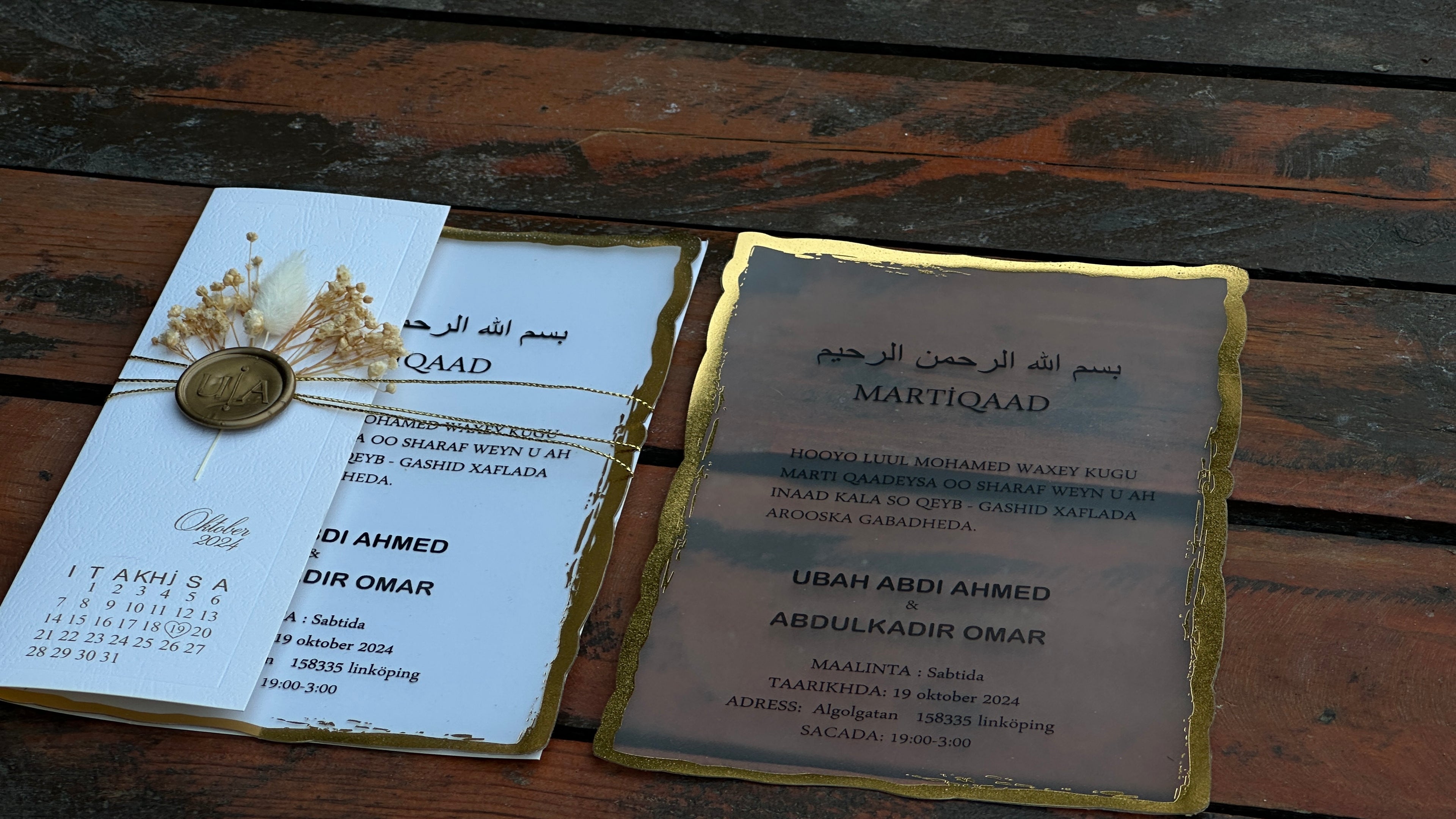 Frosted Acrylic Wedding Invitation with Black Print, Gold Edges & White Envelope Cover - LunaInvites