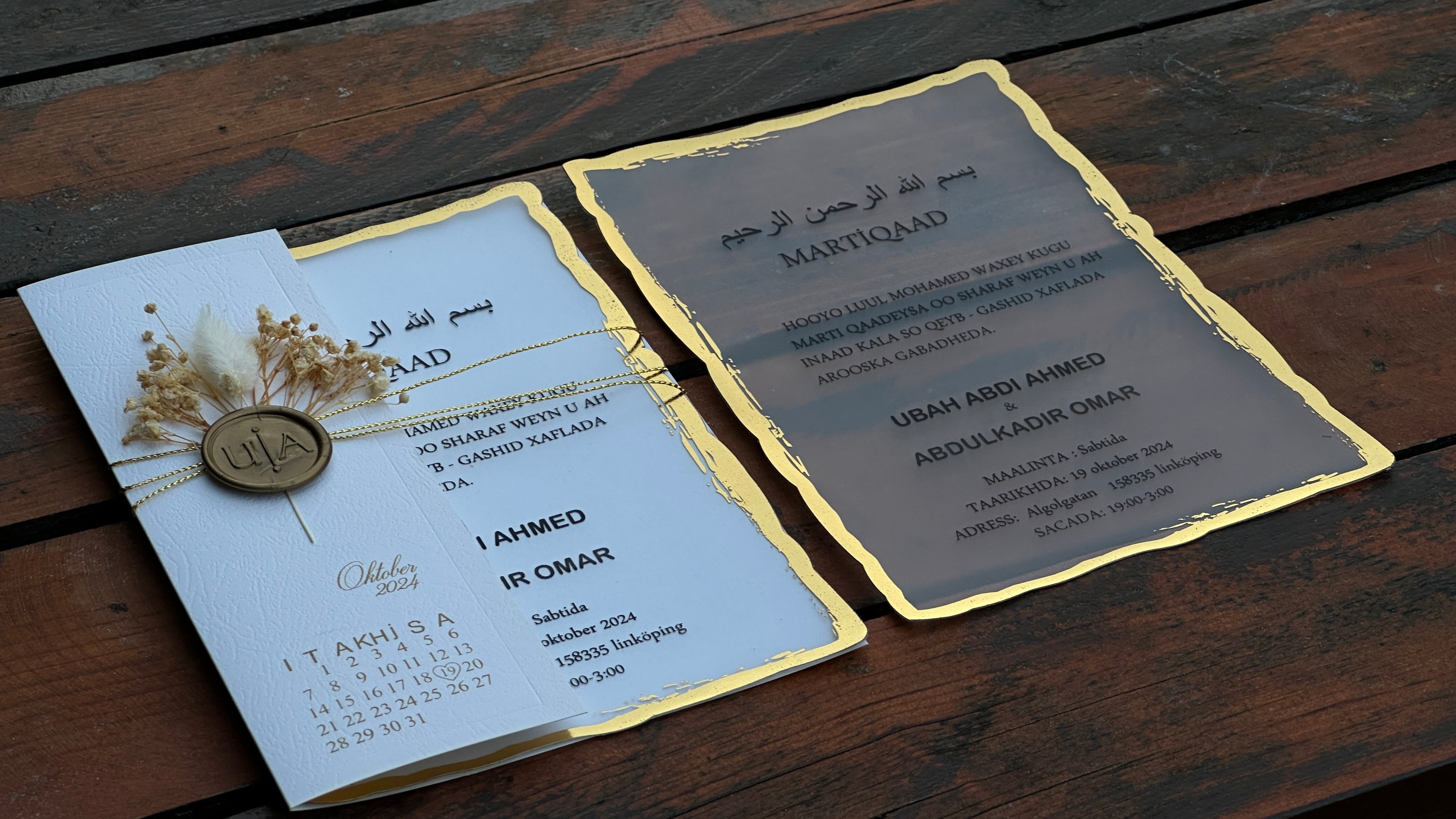 Frosted Acrylic Wedding Invitation with Black Print, Gold Edges & White Envelope Cover - LunaInvites