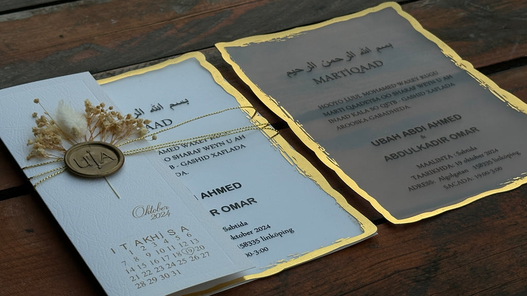 Frosted Acrylic Wedding Invitation with Black Print, Gold Edges & White Envelope Cover - LunaInvites