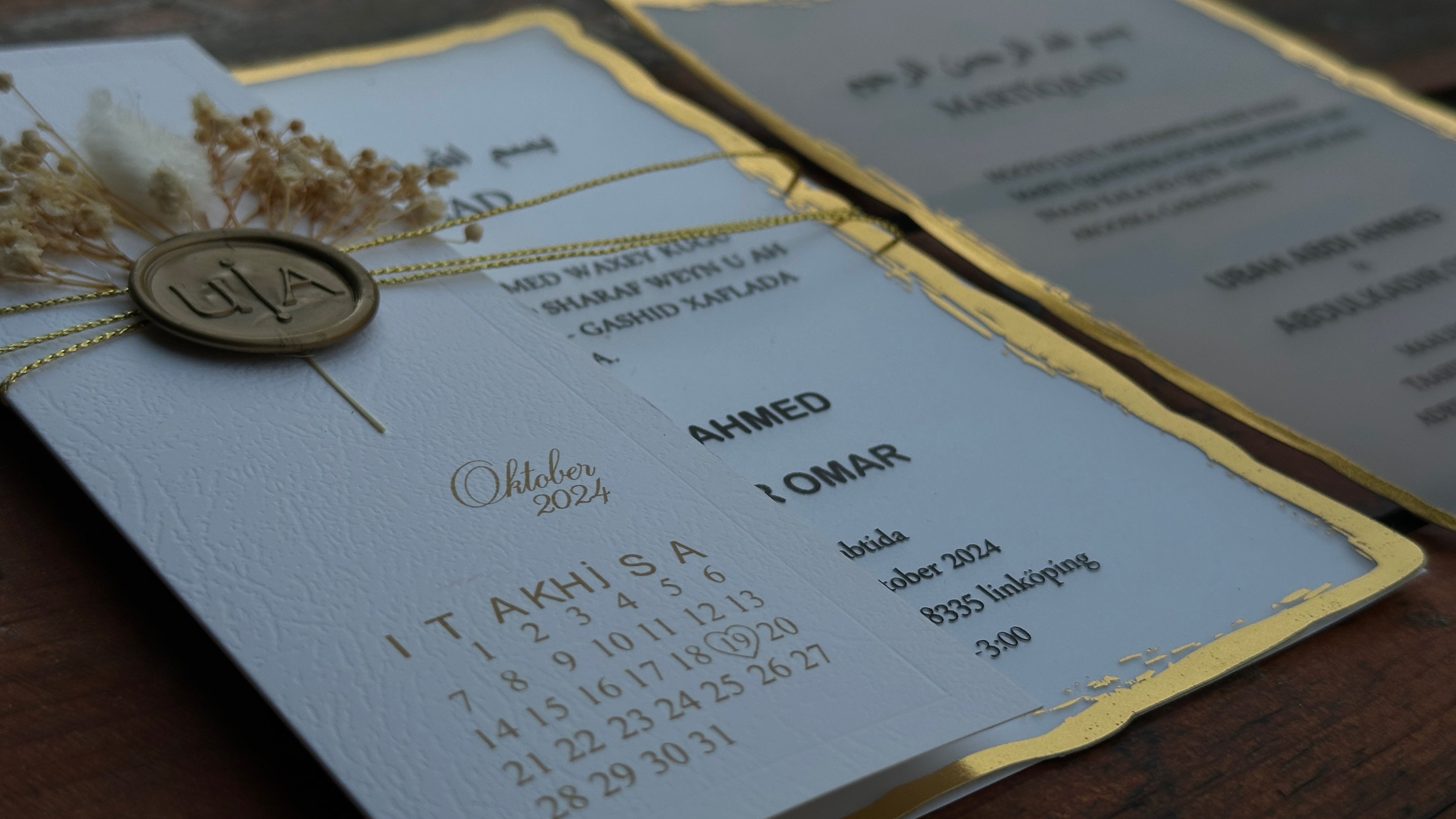 Frosted Acrylic Wedding Invitation with Black Print, Gold Edges & White Envelope Cover - LunaInvites