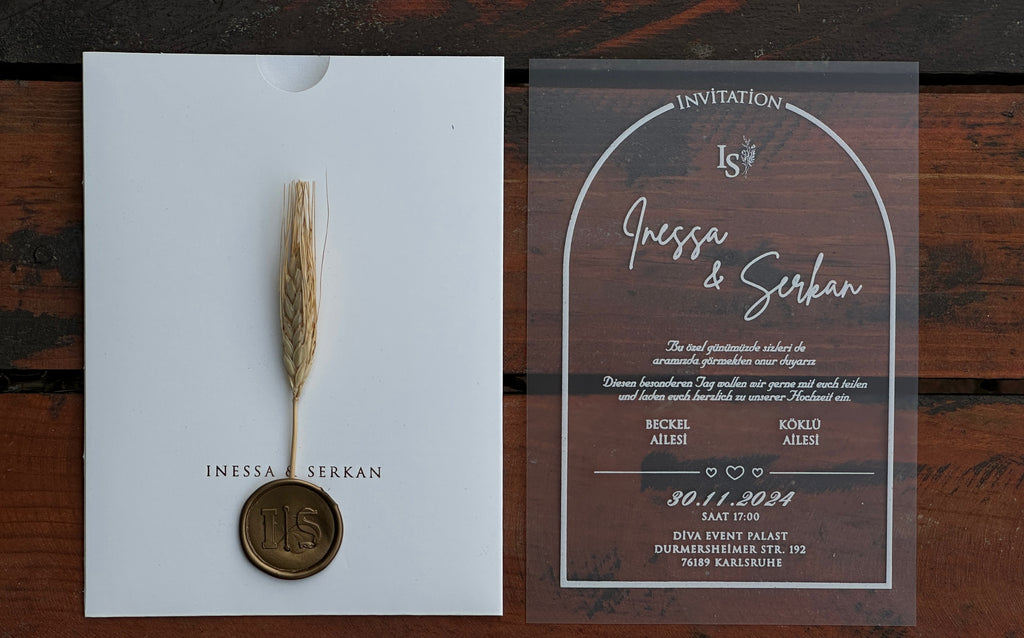 Frosted Acrylic Wedding Invitation with White Print, White Envelope Gold Print & Gold Wax Seal - LunaInvites