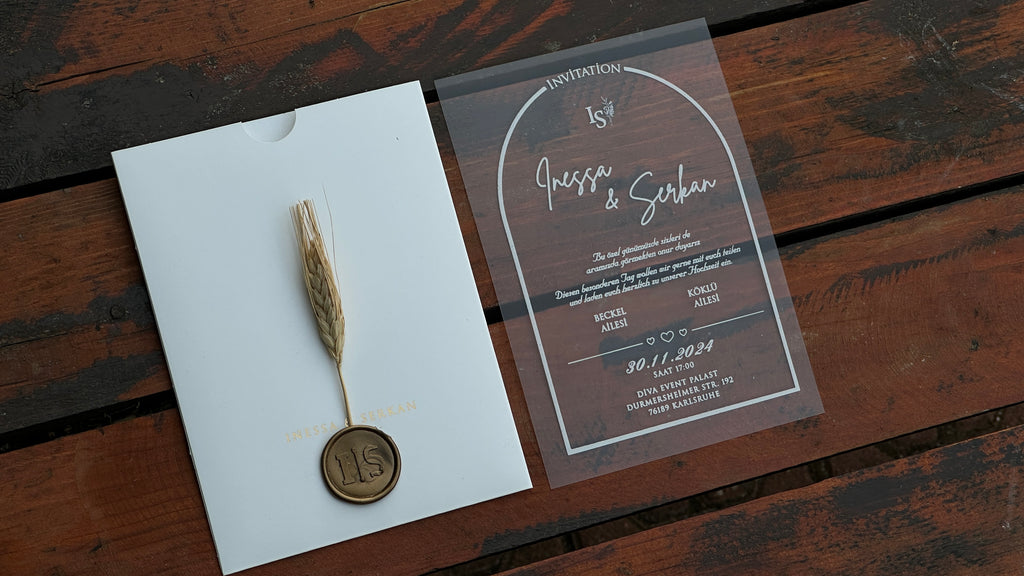 Frosted Acrylic Wedding Invitation with White Print, White Envelope Gold Print & Gold Wax Seal - LunaInvites