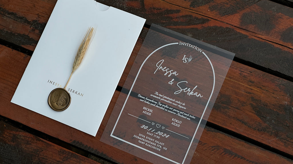 Frosted Acrylic Wedding Invitation with White Print, White Envelope Gold Print & Gold Wax Seal - LunaInvites