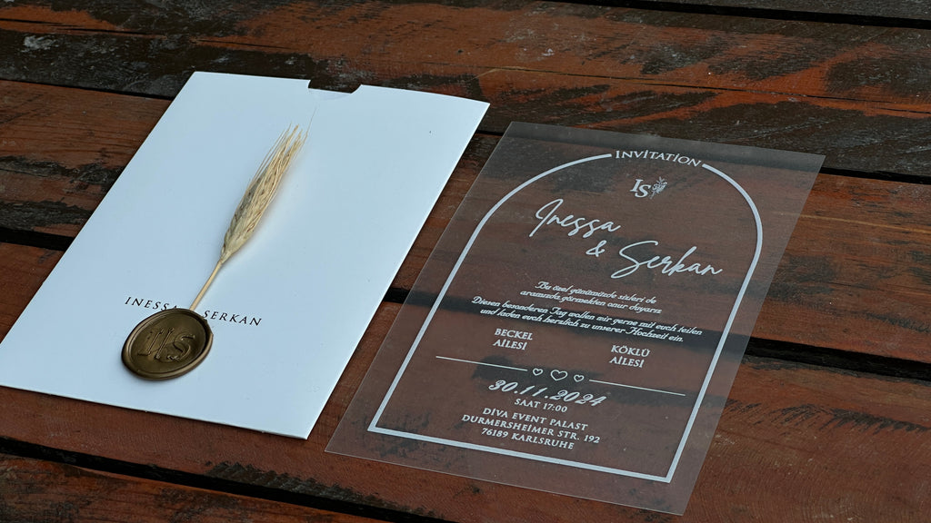 Frosted Acrylic Wedding Invitation with White Print, White Envelope Gold Print & Gold Wax Seal - LunaInvites
