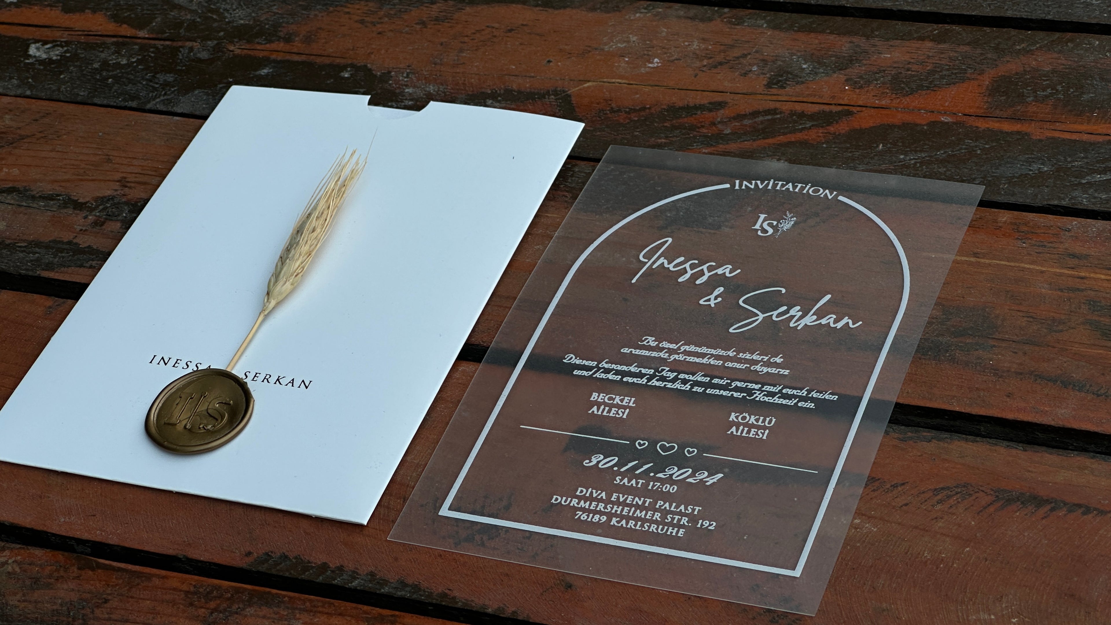 Frosted Acrylic Wedding Invitation with White Print, White Envelope Gold Print & Gold Wax Seal - LunaInvites