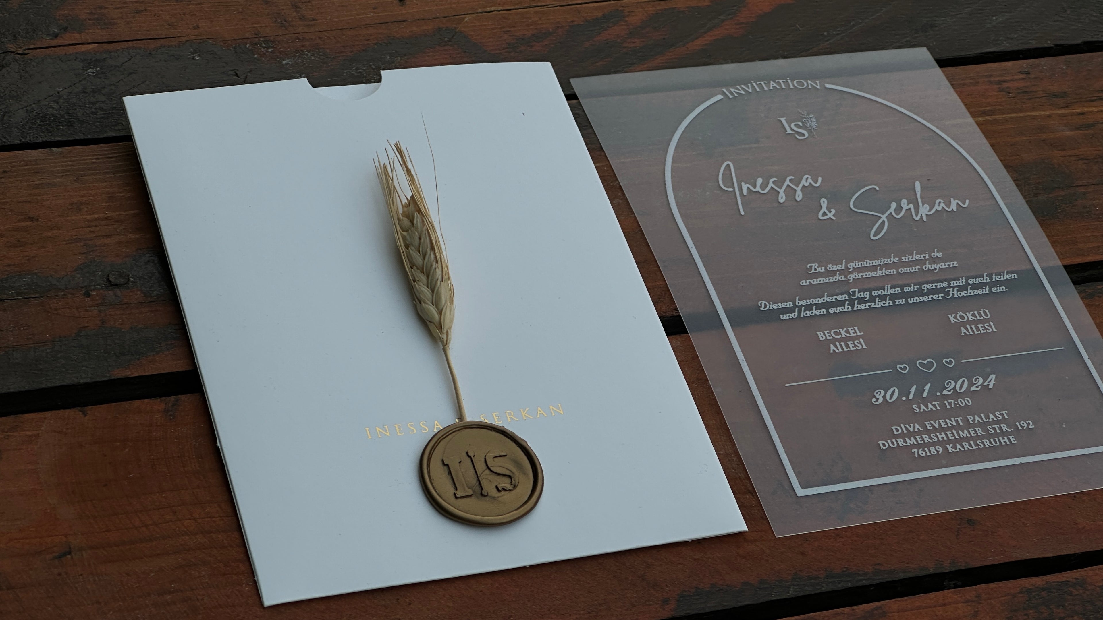 Frosted Acrylic Wedding Invitation with White Print, White Envelope Gold Print & Gold Wax Seal - LunaInvites